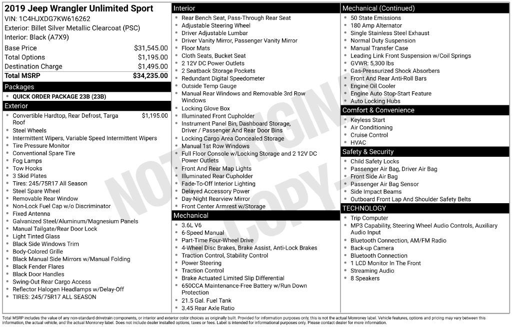 2019 Jeep Wrangler Unlimited Sport