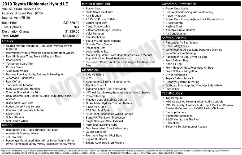 2019 Toyota Highlander Hybrid LE