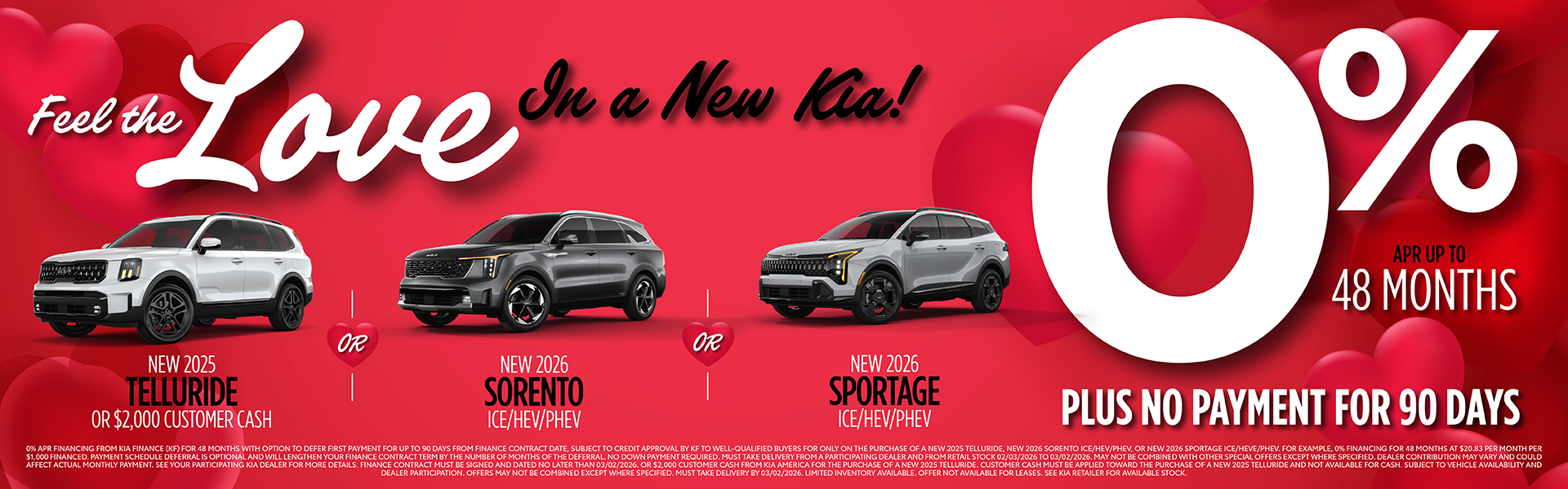 0% for 48 Months on 2025 Telluride, 2026 Sorento ICE/HEV/PHE
