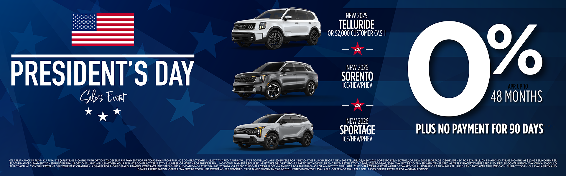 0% for 48 Months on 2025 Telluride, 2026 Sorento ICE/HEV/PHE